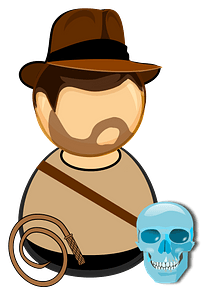 Adventurer in a hat, with a whip and glass skull