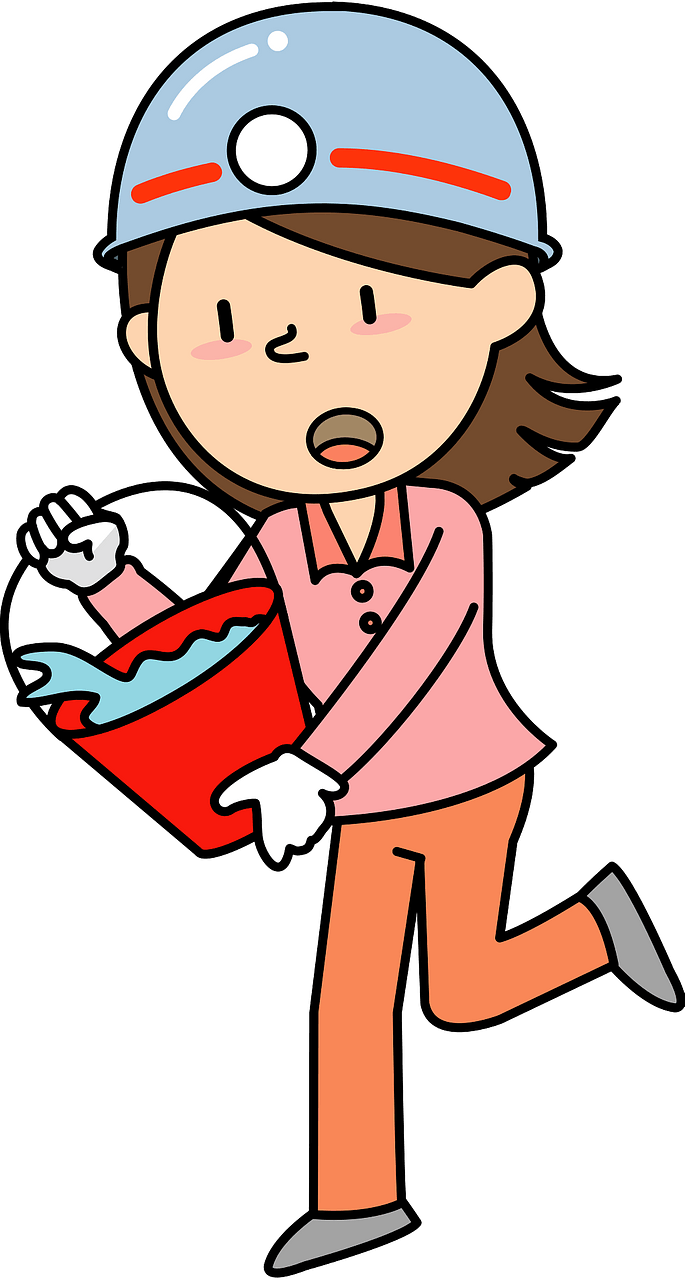 Woman carrying water bucket in a fire drill