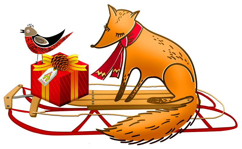 Christmas fox and bird on a sled