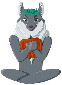 Wolf with a pumpkin in a lotus pose