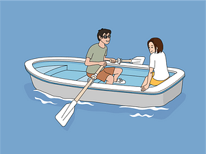 Couple is spending a date night in a rowboat