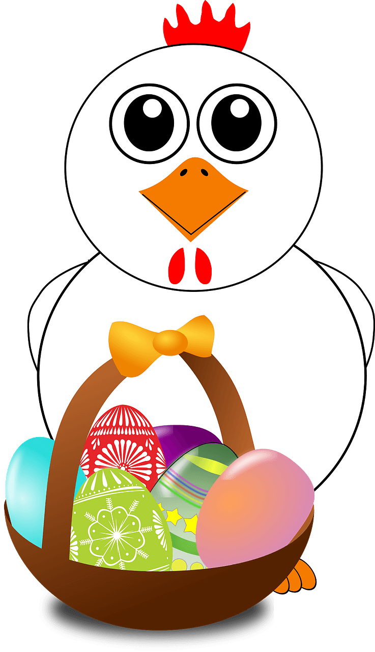 Funny chicken with a basket full of easter eggs