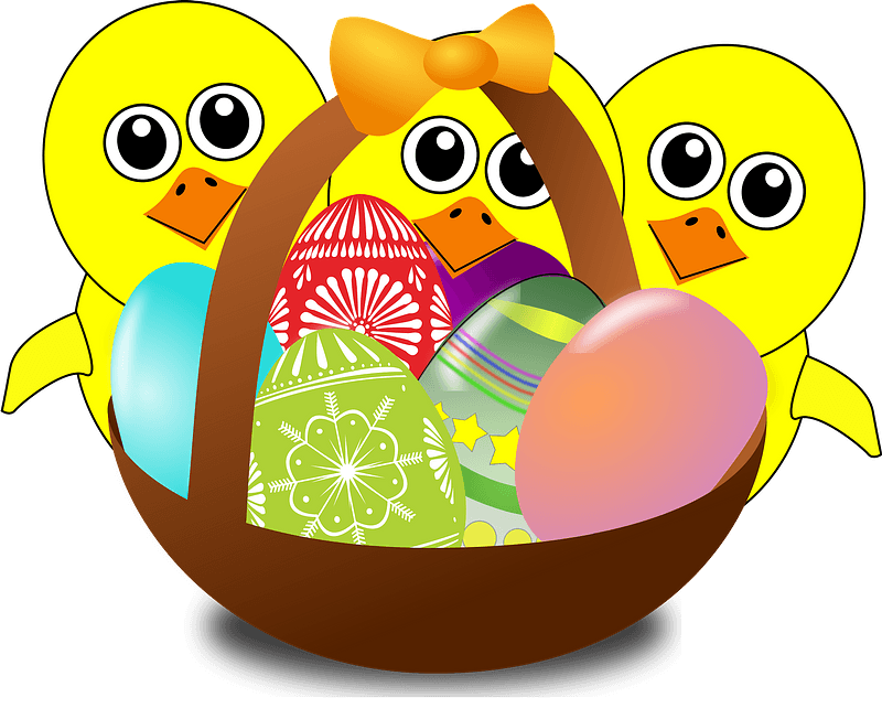 Funny chicks cartoon with easter eggs in a basket
