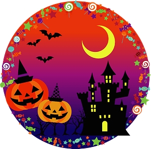 Halloween Scene - Moon, Haunted House, Jack-o'-lanterns