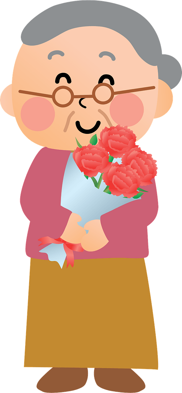 Grandmother is holding a gift bouquet