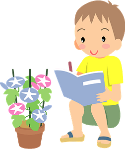 Boy writing, morning glory in a pot