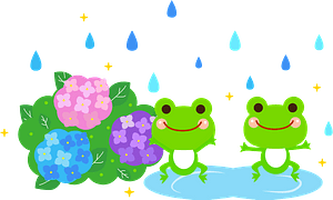 Frog next to the hydrangeas in the rain