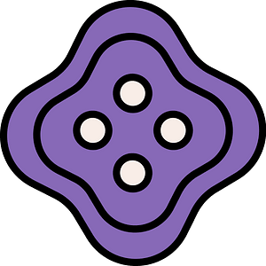 Violet quatrefoil-shaped button with four holes