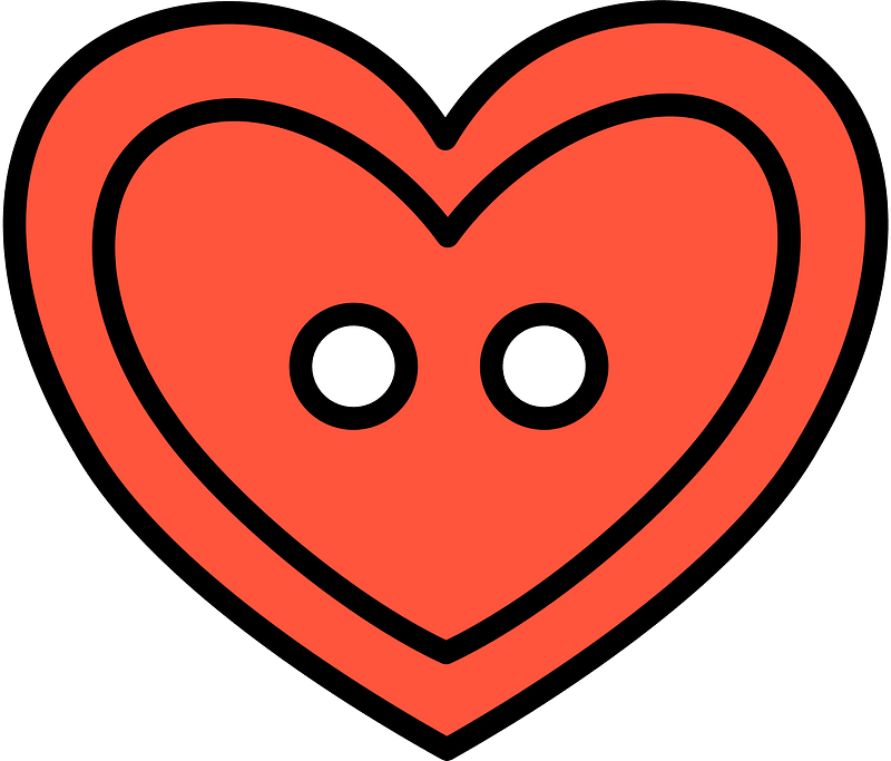 Vermilion heart-shaped button with two holes