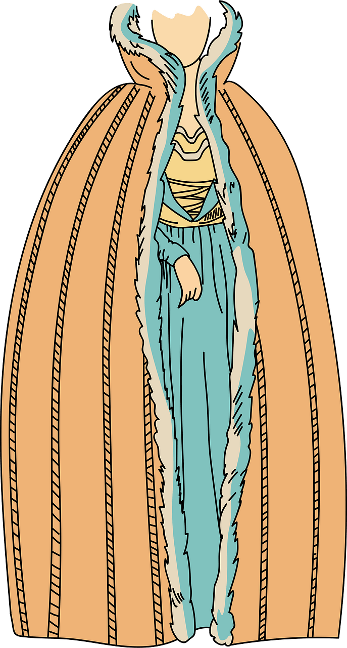 Scandinavian woman wearing long yellow cape with green stripes bordered with white fur