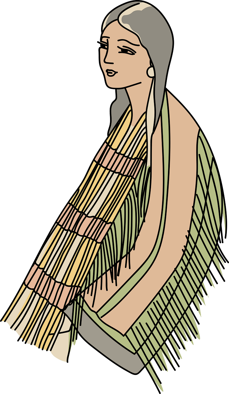 Native American woman wearing tissues adorned with long fringes and necklaces made of shells and beads