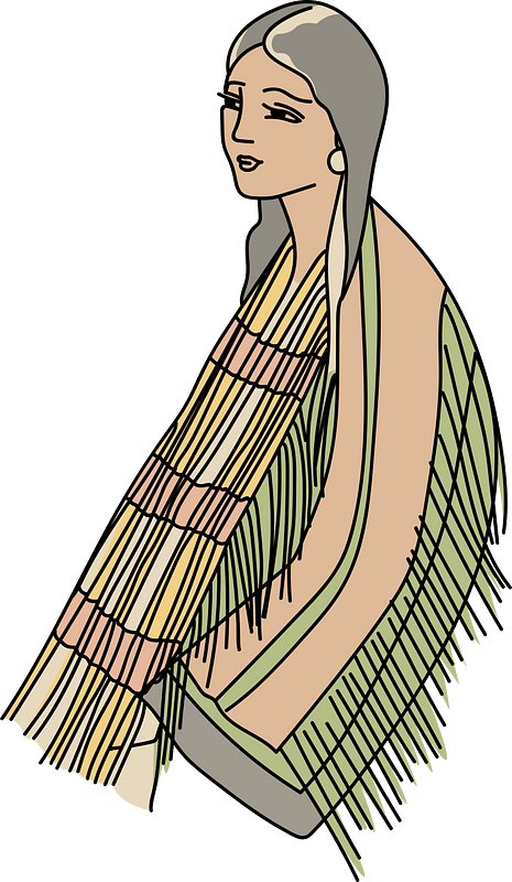 Native American woman wearing tissues adorned with long fringes and necklaces made of shells and beads