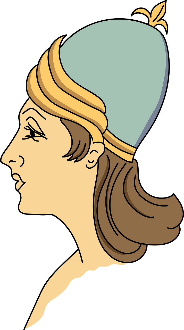 Assyrian Kings coiffure in the shape of a helmet with gold flower. Also worn by his spouse