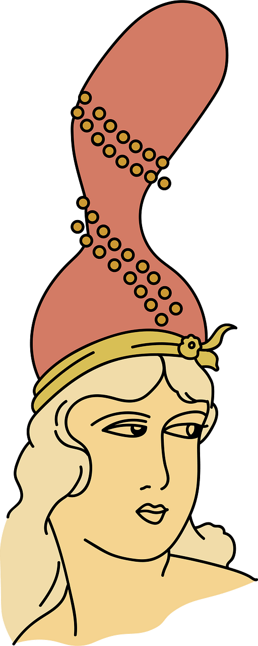 A Sultana or Odalisk. Extremely amusing vermilion-red coiffure. Beaded with yellow. Hat-front also yellow