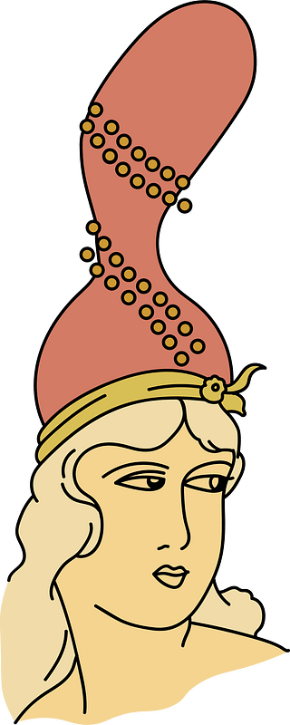A Sultana or Odalisk. Extremely amusing vermilion-red coiffure. Beaded with yellow. Hat-front also yellow