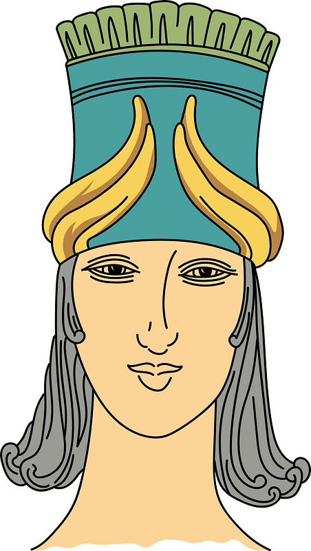 Assyrian hat-shaped coiffure with scrolled trimming about the base and wreath of foliage in the upper part