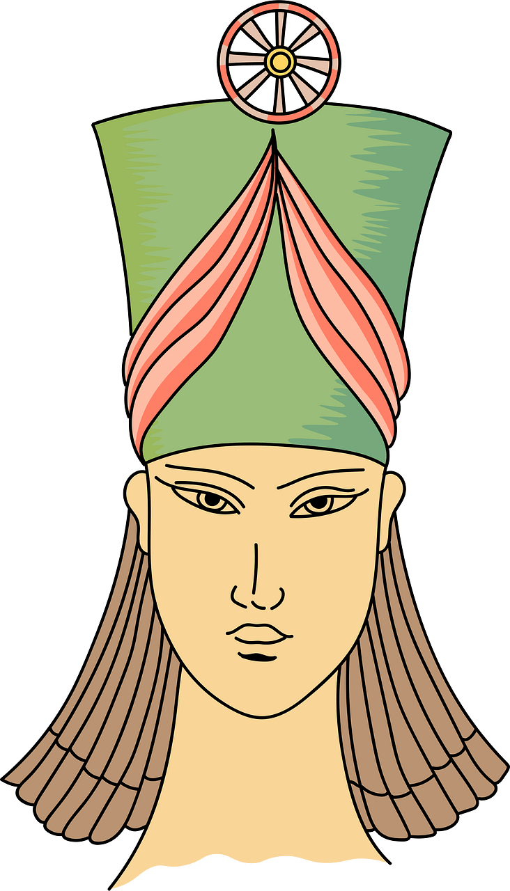 High hat-crown worn by the Assyrians with symmetrical trimming and cockade set in the centre on the top of the hat