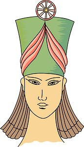 High hat-crown worn by the Assyrians with symmetrical trimming and cockade set in the centre on the top of the hat