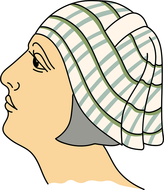 Modest Assyrian coiffure draped behind of broad-checked material