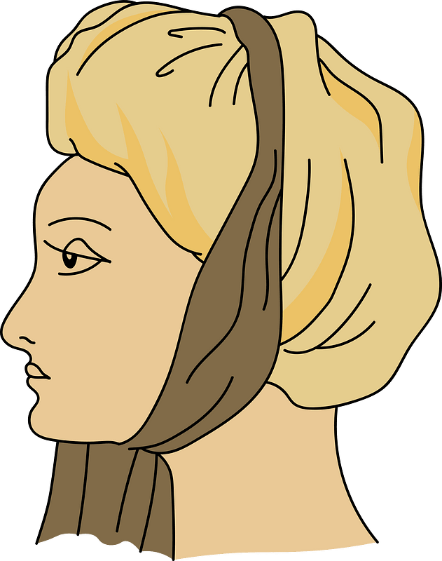 Coiffure of a girl in Andros island. Yellow turban with brown scarf rolled round the face