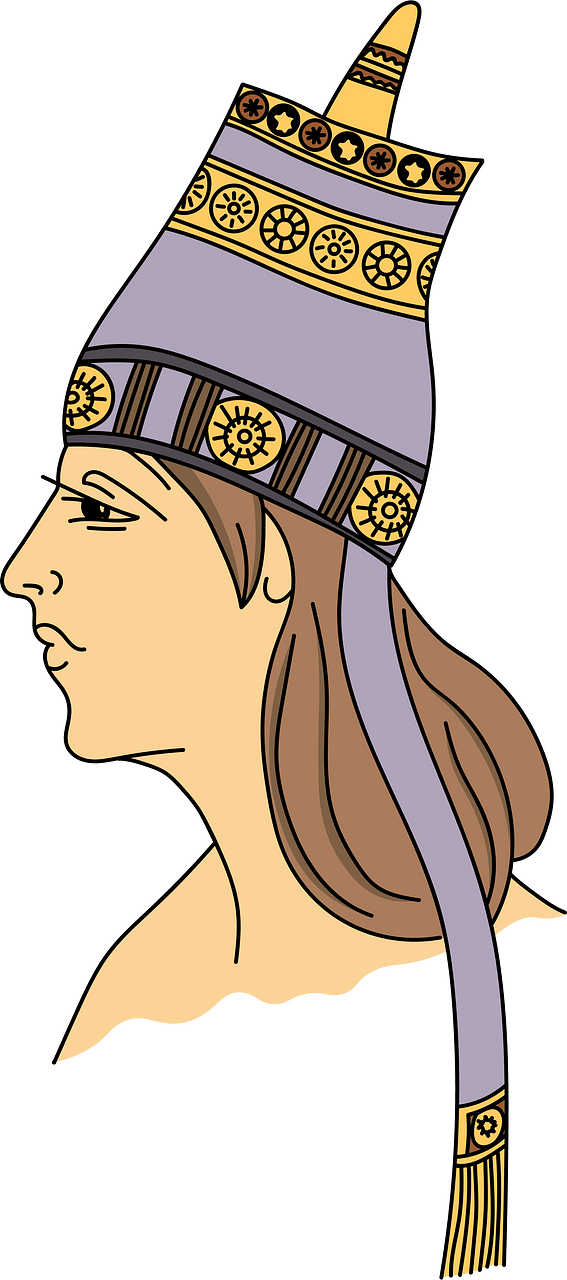 Assyrian royal tiara adorned with rosaces and geometrical lines. Two fringed flaps descend on the sides