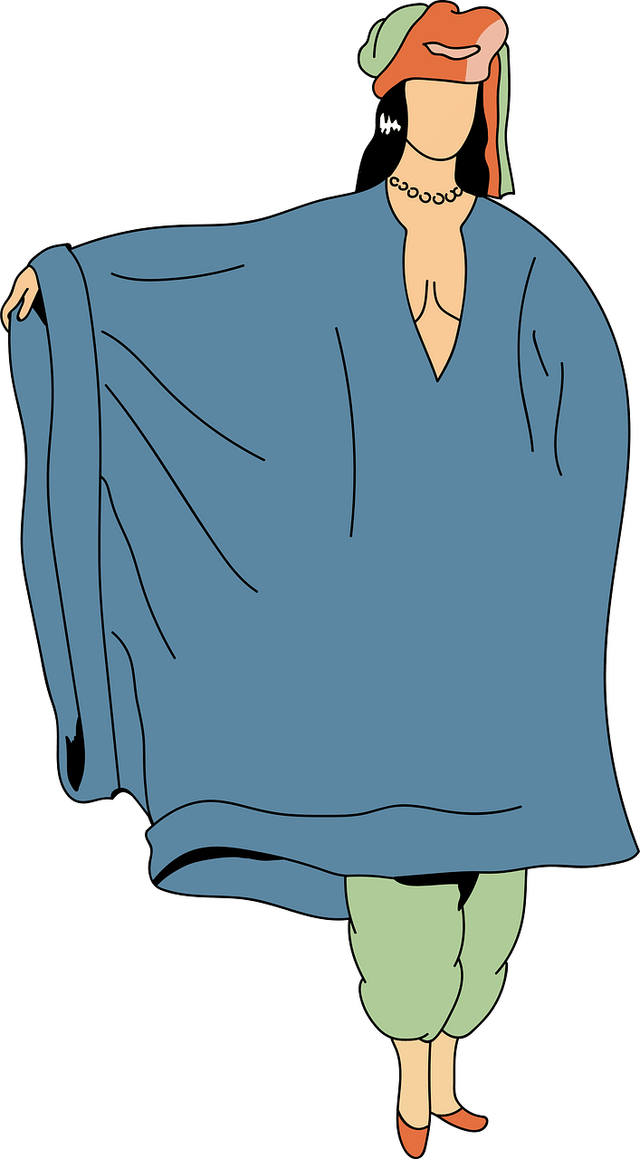 A kind of tunic-smock much worn in Egypt. Broad-cut top with huge sleeves and very long smock reaching down below the knees. Green trousers complete this original suit. Turban