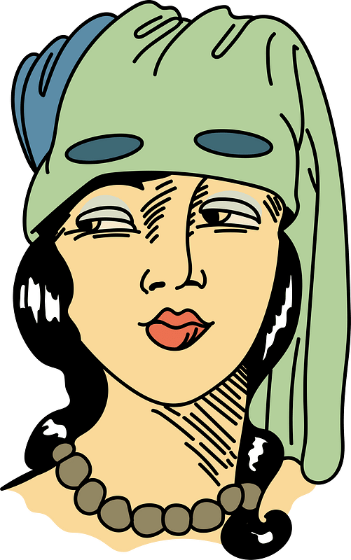 Over a blue stuff coiffure a green veil pierced with two openings for the eyes and which can be lowered over the face