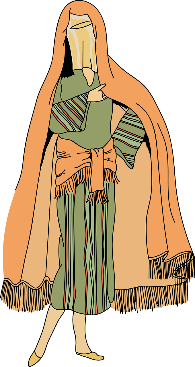 Green gown with orange girdle. The dress is adorned with red and yellow stripes. Great orange shawl forming both coiffure and cape