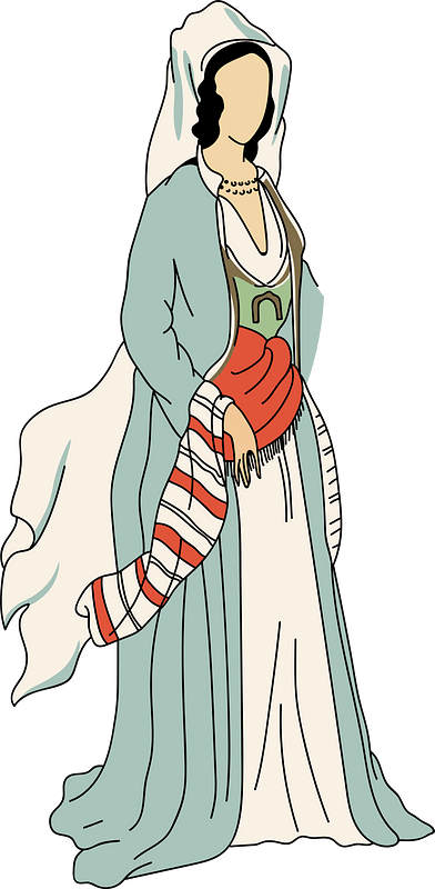 Gala-dress. Gold-embroidered blue cloak with white dress and veil draped green sash and gold pin