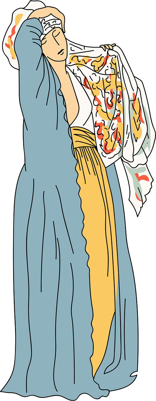 Light of the Harem. Large long cobalt-blue garment with orange-yellow skirt. White-yellow an dred drapery