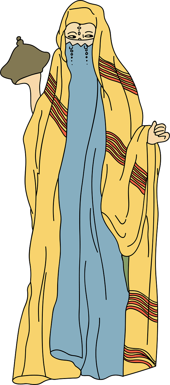 Veil-gown hiding the face with ultramarine nose-guard. Yellow veil striped madder-red. The dots are breathing-holes