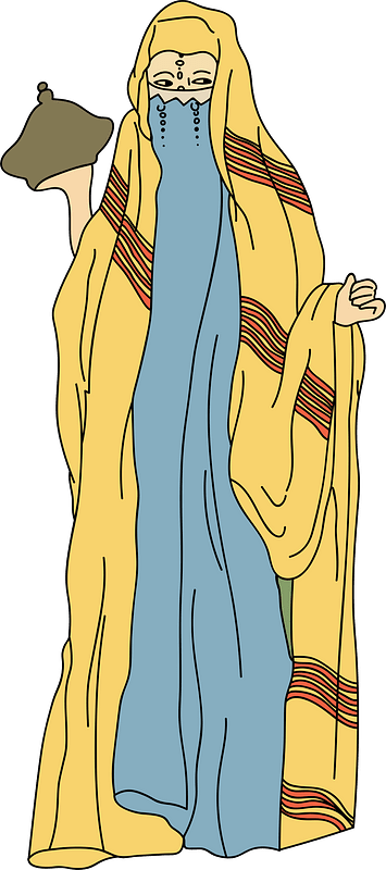 Veil-gown hiding the face with ultramarine nose-guard. Yellow veil striped madder-red. The dots are breathing-holes