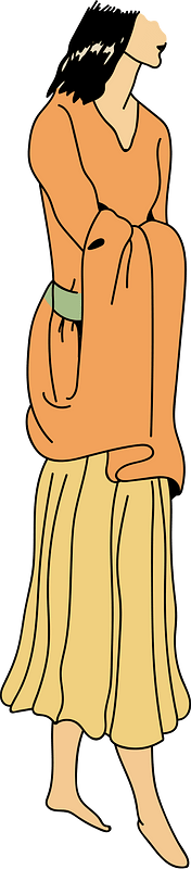 Orange gown lifted up and carried on the arms as shown in the figure. A frequent attitude with Egyptian woman. Yellow under-skirt