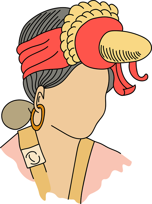 Sort of turban showing the very black hair and projecting over the forehead