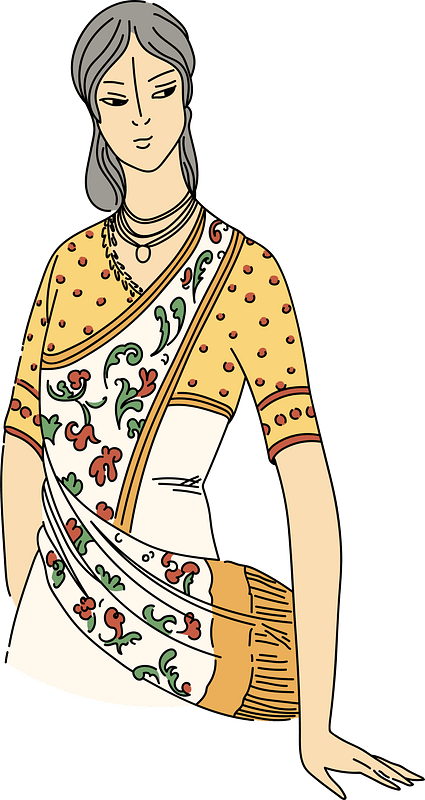 Hindu woman with short-sleeved bolero covered over with flowery stuff worn like a scarf
