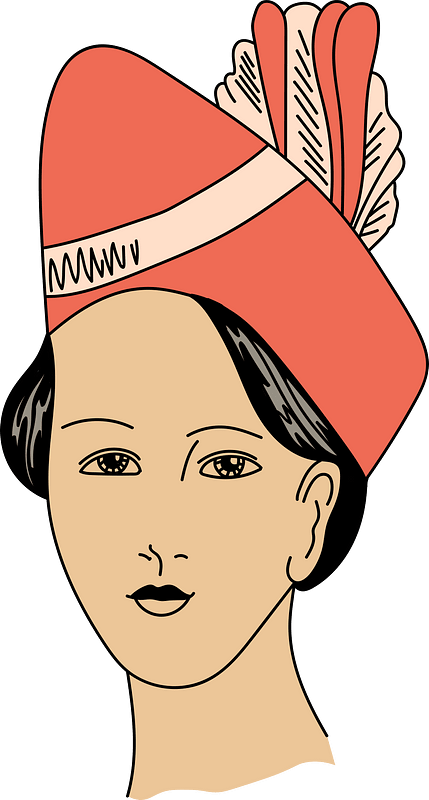 Hindu woman's head with scarlet ribbon set very high on the forehead and binding the hair