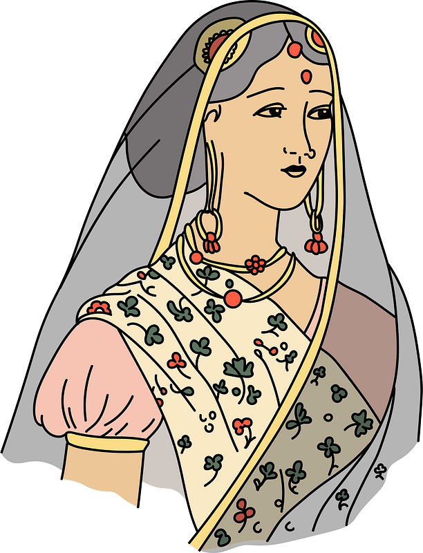 Young hindu woman of high birth. Head covered with black transparent veil. True national costume