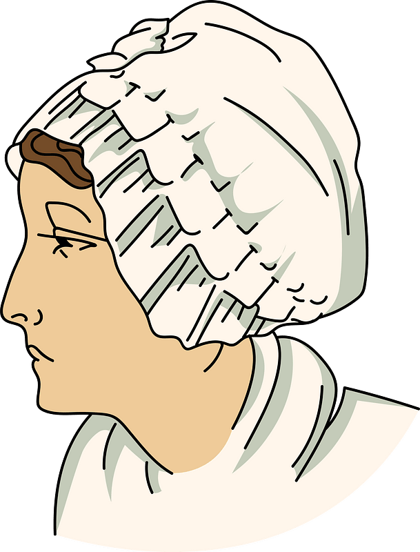 White bonnet plaited around the face tied on top of the head forming a trimming