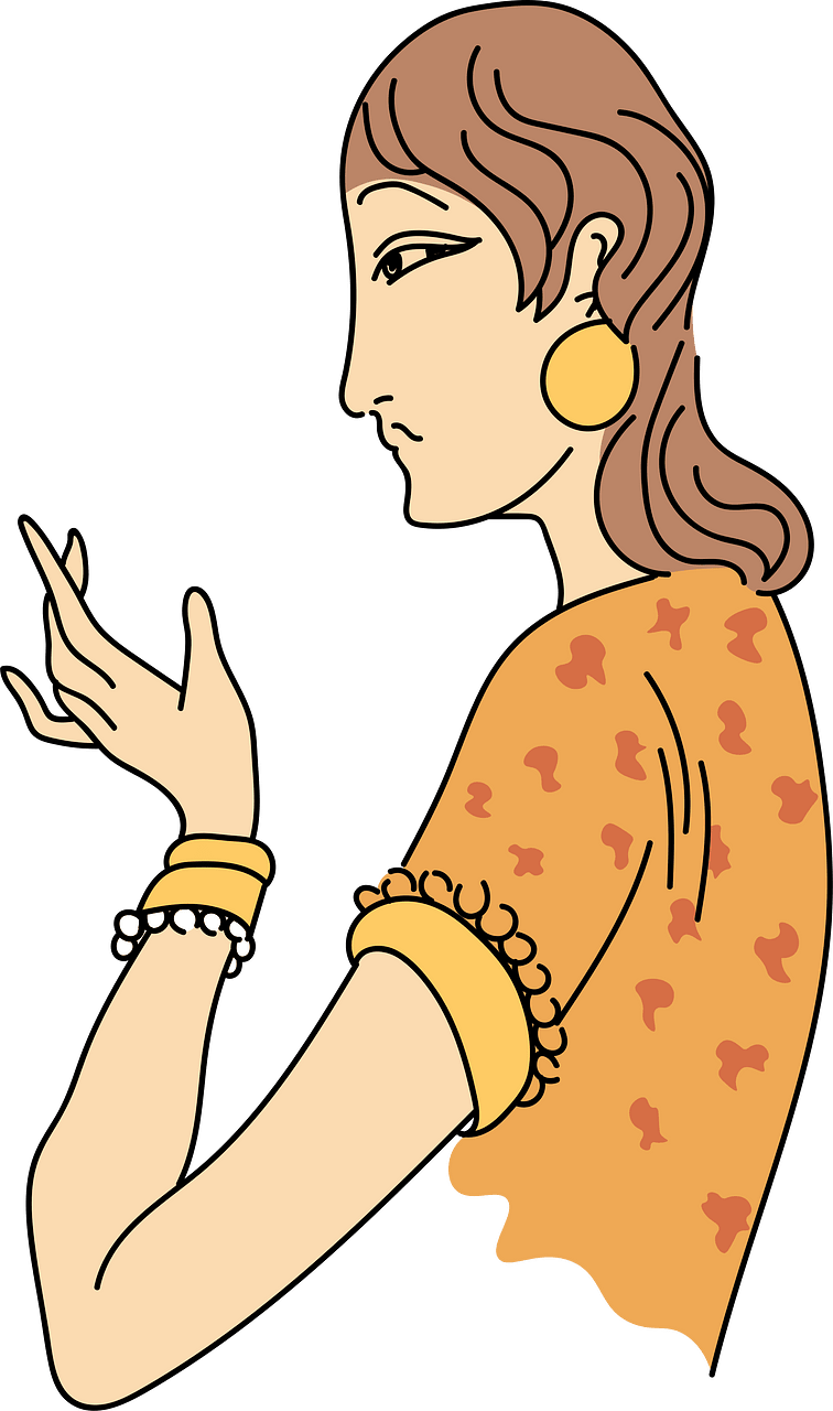 Hindu woman with small sleeve of a bodice in printed material covering only the shoulder. Two bracelets with balls