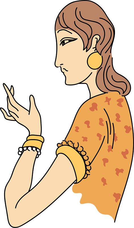 Hindu woman with small sleeve of a bodice in printed material covering only the shoulder. Two bracelets with balls