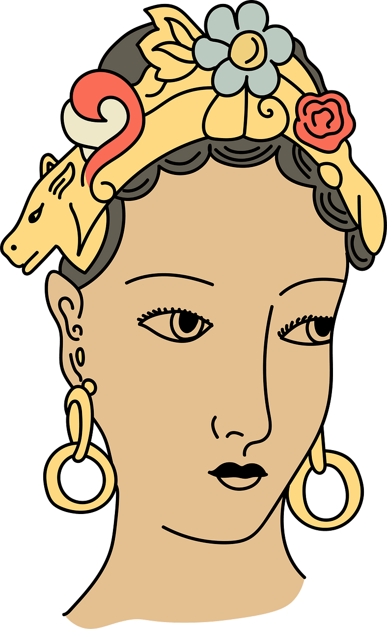 Hindu woman's head with coiffure fixed with a diadem-shaped band. Jewelled ornaments