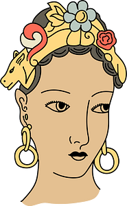 Hindu woman's head with coiffure fixed with a diadem-shaped band. Jewelled ornaments