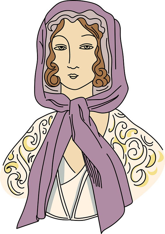 Hair curled on each side of the face. Maintained under a fluted above the forehead and covered with a light hood. Tied at the neck and falling as necktie flaps on the shawl