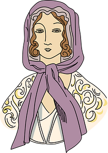 Hair curled on each side of the face. Maintained under a fluted above the forehead and covered with a light hood. Tied at the neck and falling as necktie flaps on the shawl