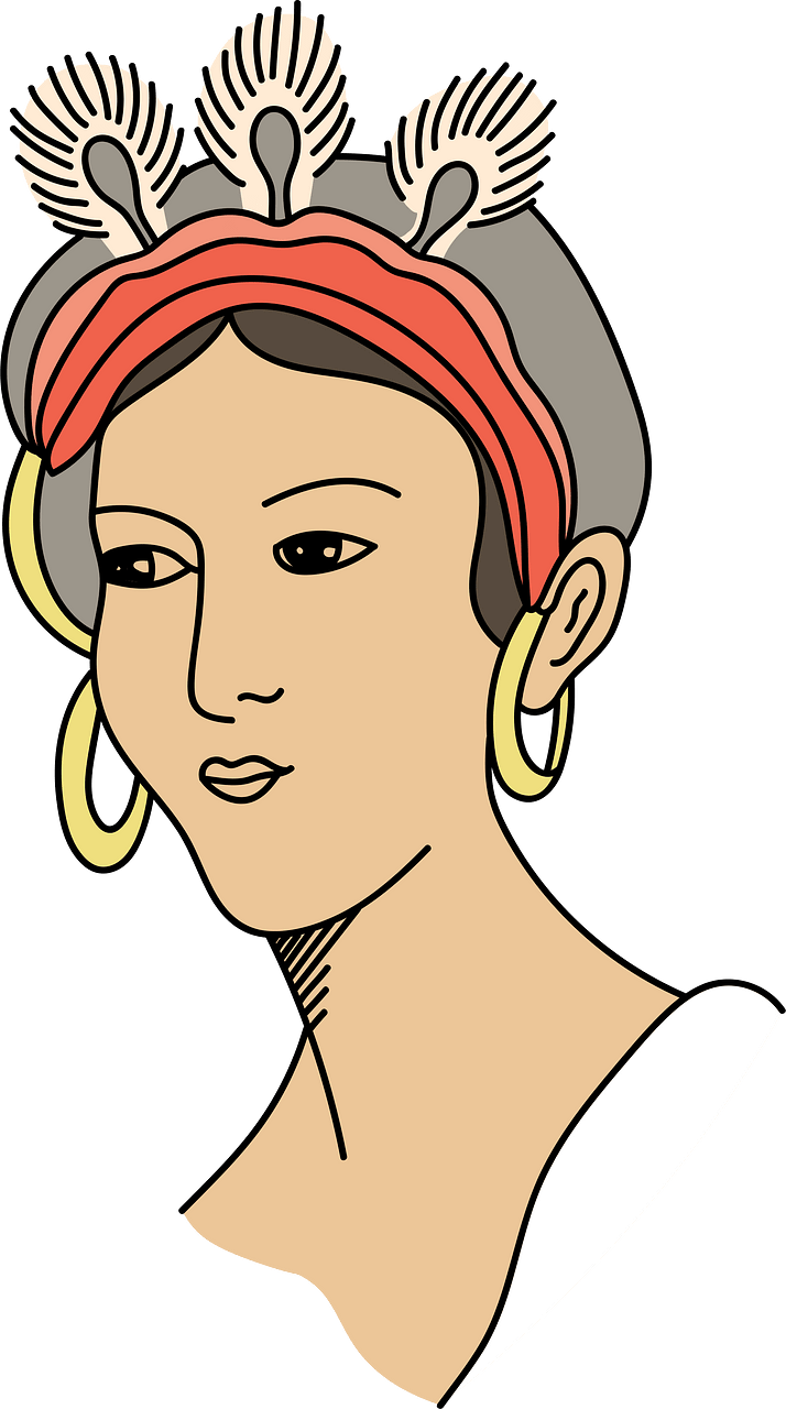 Hindu woman's head. Coiffure with band on the forehead and earrings adorned with three peacock's feathers