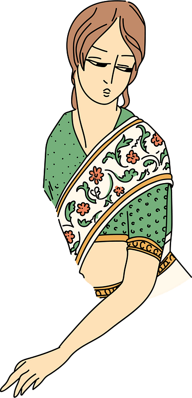 Hindu woman with dotted stuff sleeve of a tight-fitting boler. The left shoulder is covered with a piece of flowery material parring slantwise across the bust