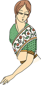 Hindu woman with dotted stuff sleeve of a tight-fitting boler. The left shoulder is covered with a piece of flowery material parring slantwise across the bust