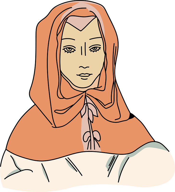 Lady's draped headdress. Retained under the chin and falling down on a pelerine fastened in front