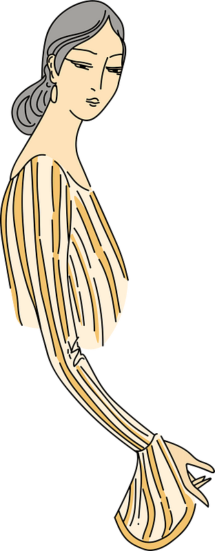 Hindu woman with long sleeve fitting tight on the arm of striped material. A flounce-like arrangement falls from the wrist and hides the hand