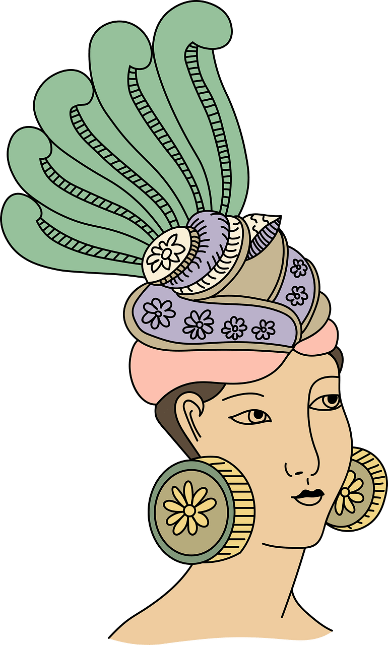 Hindu woman's head with voluminous coiffure in the shape of a peacock's tail. Box-shaped earrings speckled with white